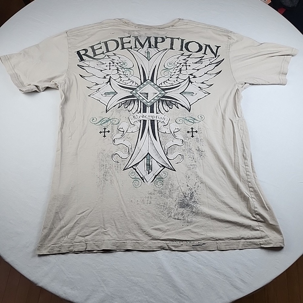 Raw State Premium Men 2XL Tan Redemption Cross Wing Graphic T-Shirt Distressed